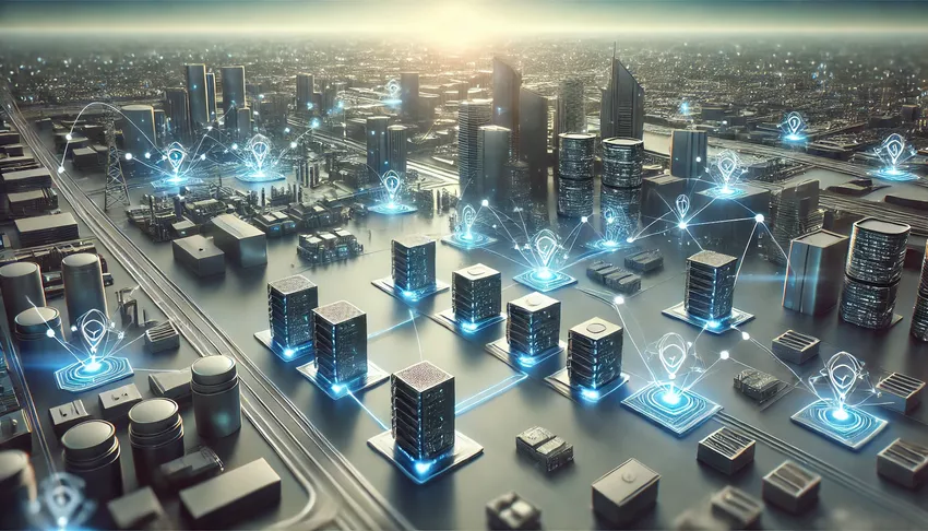 Dezentrale Künstliche Intelligenz (KI) Headerbild mit hochmoderner Technologielandschaft mit vernetzten Geräten und Knotenpunkten, die für dezentrale KI und Edge Computing stehen